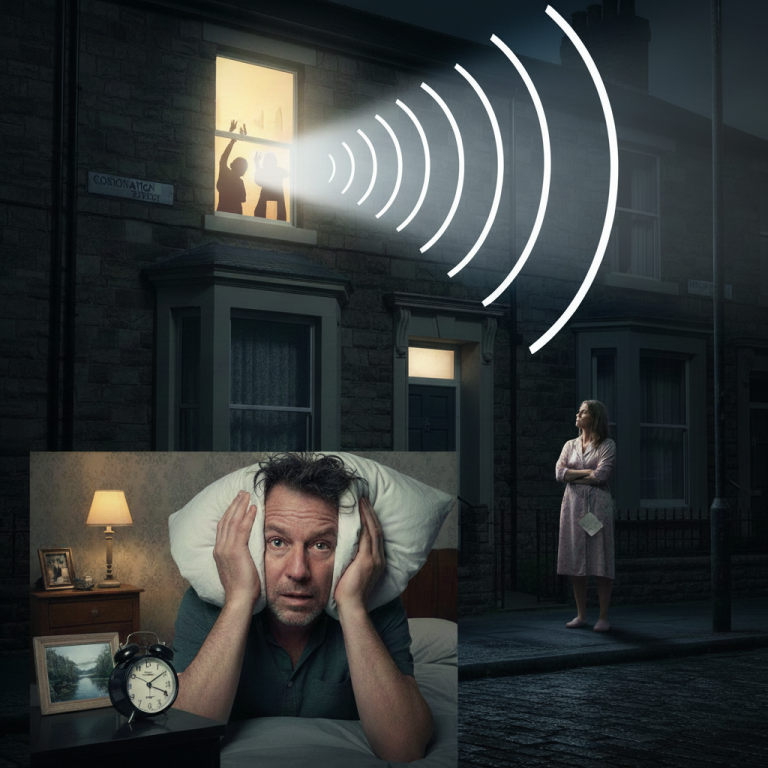 A distressed man lies awake in bed holding a pillow over his ears while loud noise travels from a neighbouring house at night, illustrating the impact of neighbour noise disturbance on sleep and wellbeing.